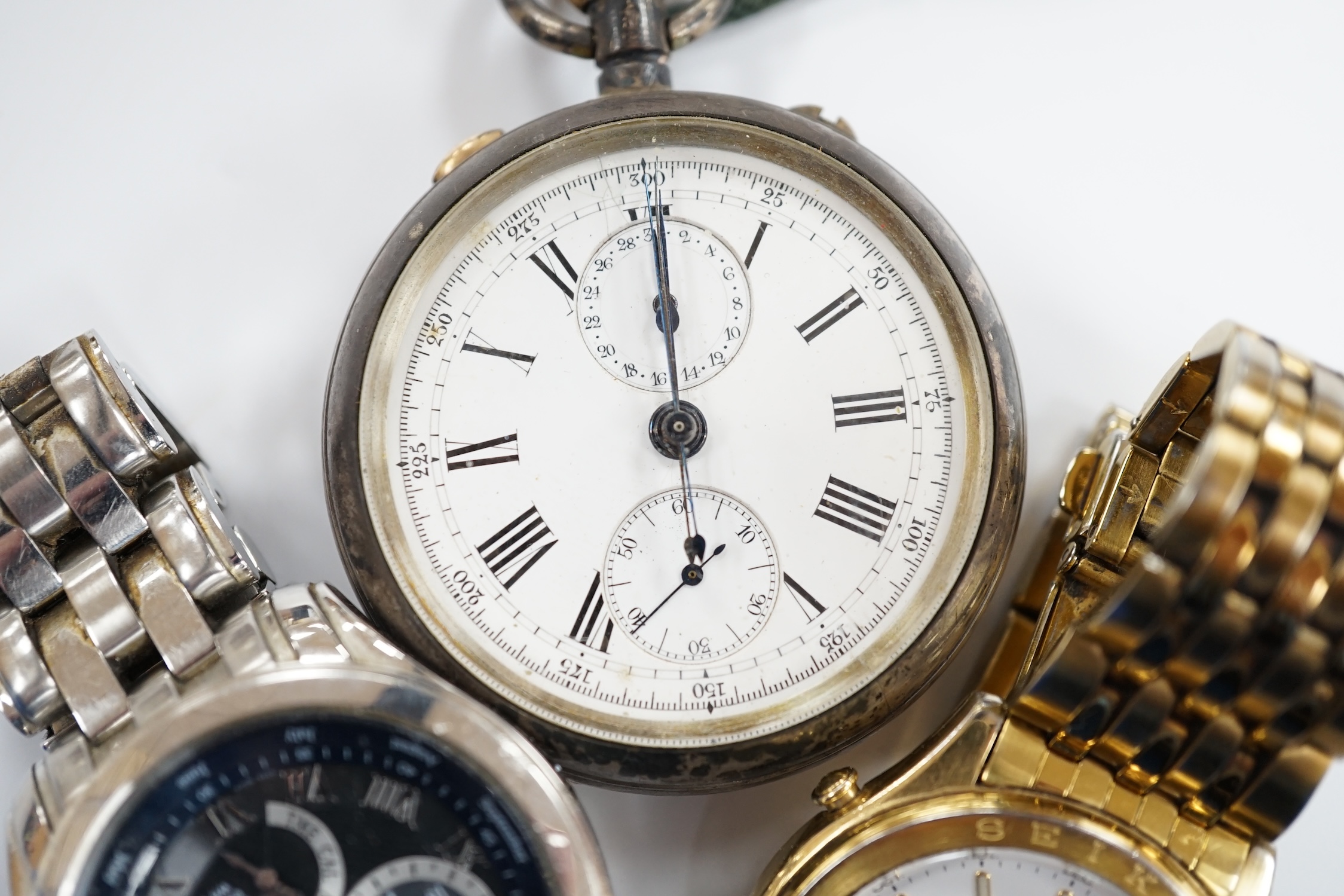 A 19th century Swiss 935 white metal open face keyless chronometer pocket watch, together with a gentleman's modern Seiko and Citizen wrist watches.